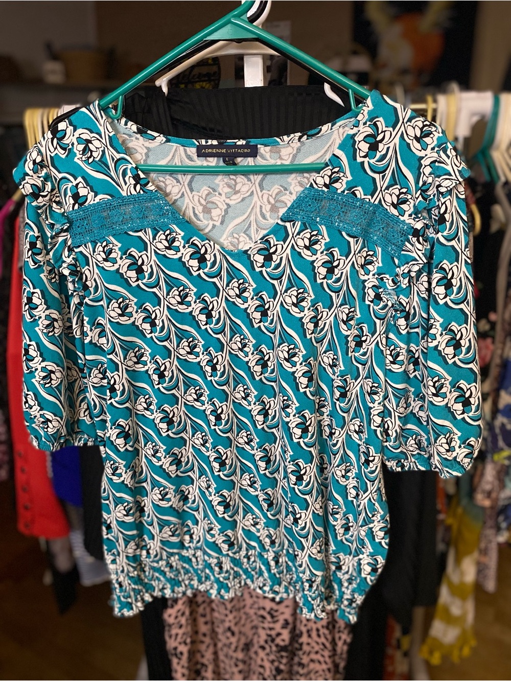 Adrienne Vittadini Teal Floral V-Neck Blouse with Lace Accents